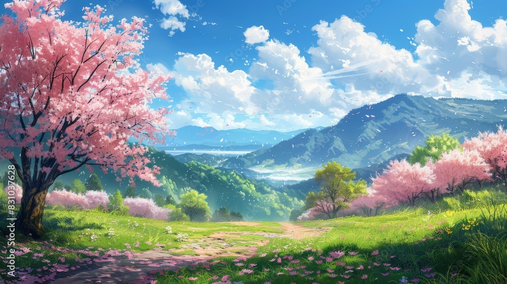 A picturesque springtime landscape with blooming cherry blossoms and lush, green meadows. The vibrant colors of the flowers and the fresh greenery create a lively and refreshing scene. Gentle breezes A picturesque springtime landscape with blooming cherry blossoms and lush, green meadows. The vibrant colors of the flowers and the fresh greenery create a lively and refreshing scene. Gentle breezes