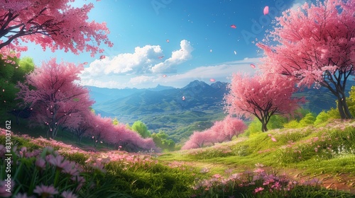A picturesque springtime landscape with blooming cherry blossoms and lush, green meadows. The vibrant colors of the flowers and the fresh greenery create a lively and refreshing scene. Gentle breezes photo
