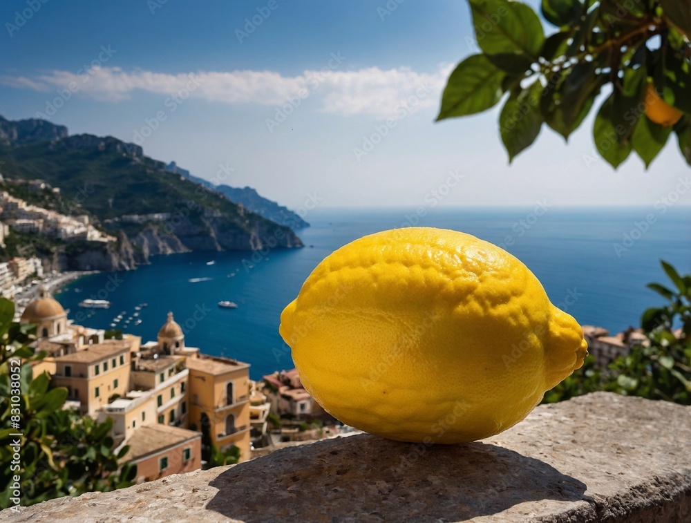 Amalfi lemon close-up against the background of the Amalfi Coast - the most beautiful coast of Italy. Symbol of the limoncello region Amalfi lemon close-up against the background of the Amalfi Coast - the most beautiful coast of Italy. Symbol of the limoncello region