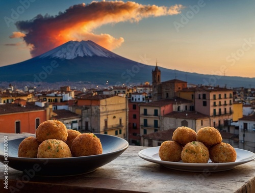 Arancini in a plate against the backdrop of Catania and Mount Etna. Concept trip to Italy, gastronomic tour photo