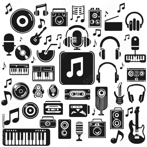 Very High detailed silhouette vector illustration vintage set of music icons isolated on white background