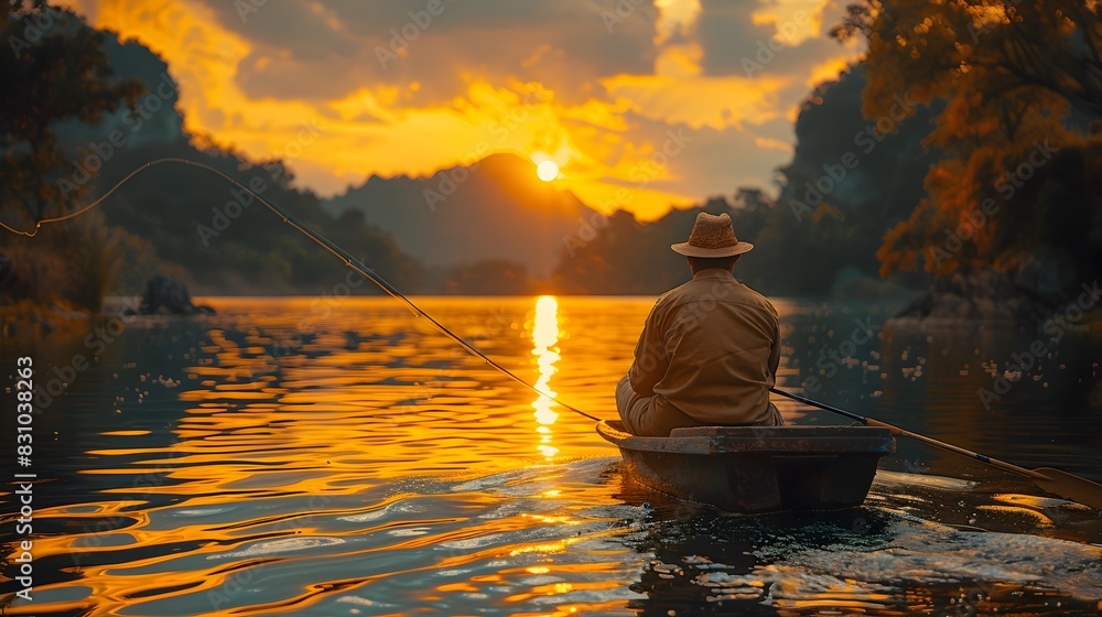 Tranquil Morning Man Fishing with Bent Rod at Sunrise