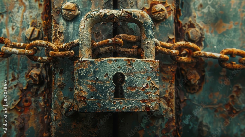 A close-up perspective of a heavy-duty padlock and corroded chains on a rusted metal door, emphasizing the rough and aged textures A close-up perspective of a heavy-duty padlock and corroded chains on a rusted metal door, emphasizing the rough and aged textures