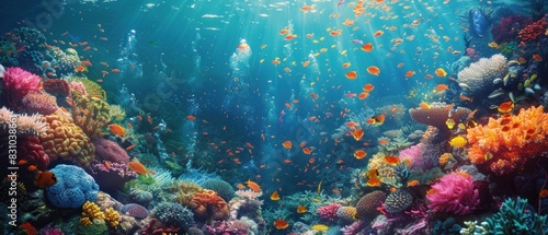 Explore an underwater world teeming with life  where coral reefs bloom like gardens and fish dart like shooting stars in the vast ocean expanse.