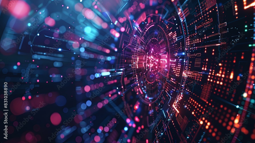 Fototapeta premium A colorful, abstract image of a spiral with a red dot in the center