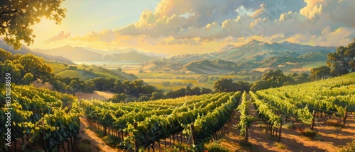 Explore a sun-drenched vineyard, where the vines stretch as far as the eye can see, each one bearing the fruits of generations of labor and love. photo