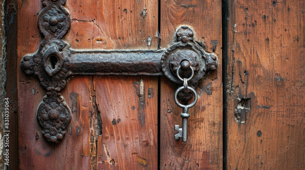 A beautifully aged wooden door with a robust iron handle, a single key hanging prominently, evoking a sense of safety and security A beautifully aged wooden door with a robust iron handle, a single key hanging prominently, evoking a sense of safety and security