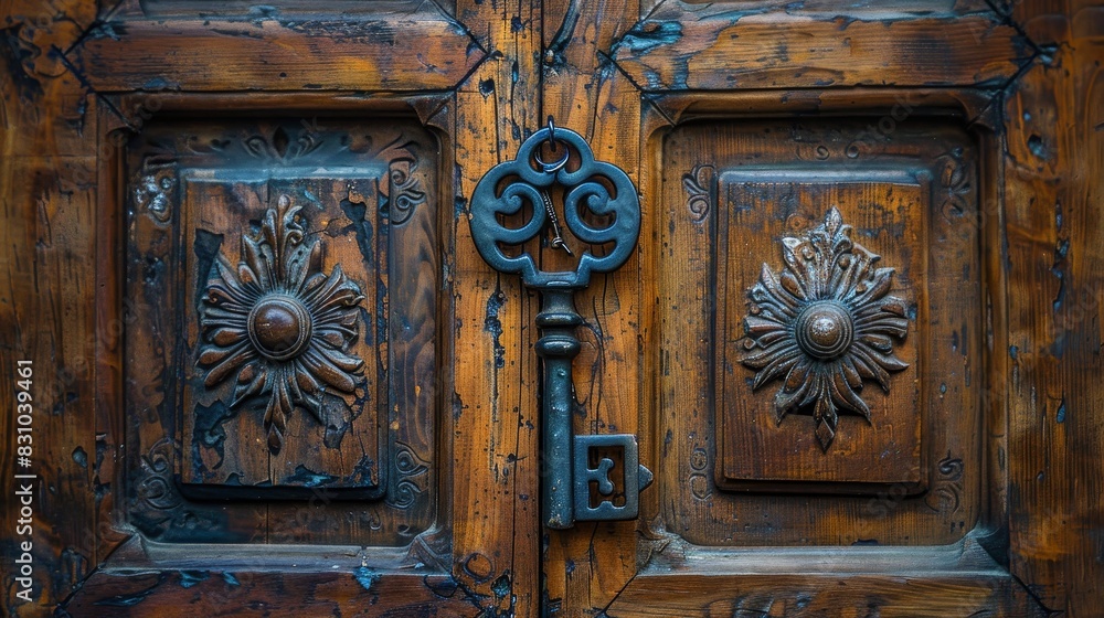 An intricately carved wooden door with a large metal handle, a vintage key hanging from the handle, symbolizing security and protection
