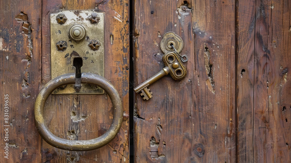An antique wooden door with a large brass handle, a worn key hanging nearby, emphasizing a sense of security and safeguarding An antique wooden door with a large brass handle, a worn key hanging nearby, emphasizing a sense of security and safeguarding
