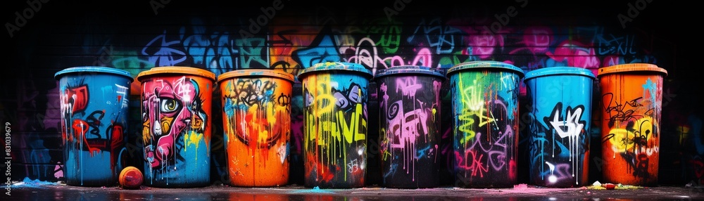 Obraz premium A graffiticovered recycling bin in an urban alleyway, vibrant colors, street art style, detailed textures, high contrast 8K , high-resolution, ultra HD,up32K HD