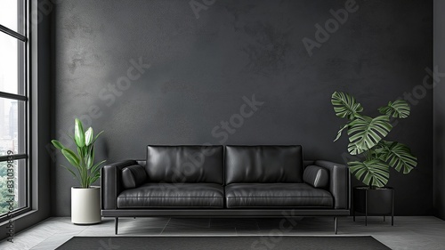 modern black leather sofa in a minimalist living room with dark walls, indoor plants, and huge windows letting in natural light.