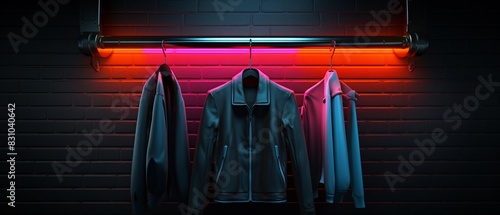 A neonlit hanger glowing against a dark gray wall, cyberpunk style, vibrant neon colors, high contrast 8K , high-resolution, ultra HD,up32K HD photo