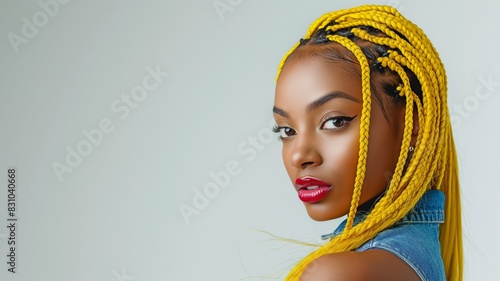 portrait of a woman with vibrant yellow braided hair, complemented by bold makeup and stylish attire. photo