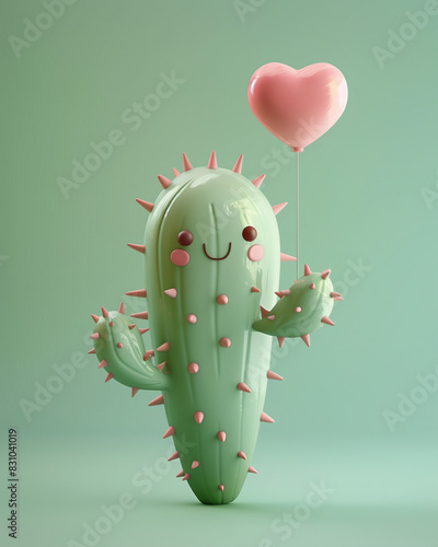 Cute smiling cactus holding a heart shaped balloon on a pastel green background in the style of a cartoon. Minimal love concept