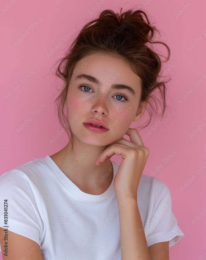 Young woman on a pink background, featuring minimalist pastel colors and simple composition, ideal for a feminine banner concept. Young woman on a pink background, featuring minimalist pastel colors and simple composition, ideal for a feminine banner concept.