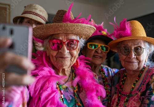 Elderly women, essence of beauty, dressed up,taking fun selfies. Funny costumes, pink boas with feathers, fake glasses, a hat or sombrero. A group photo taken by one woman holding phone photo