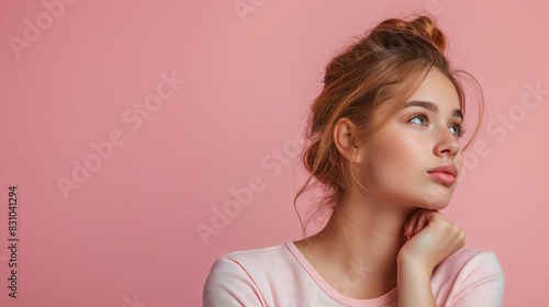 Young woman on a pink background, featuring minimalist pastel colors and simple composition, ideal for a feminine banner concept.