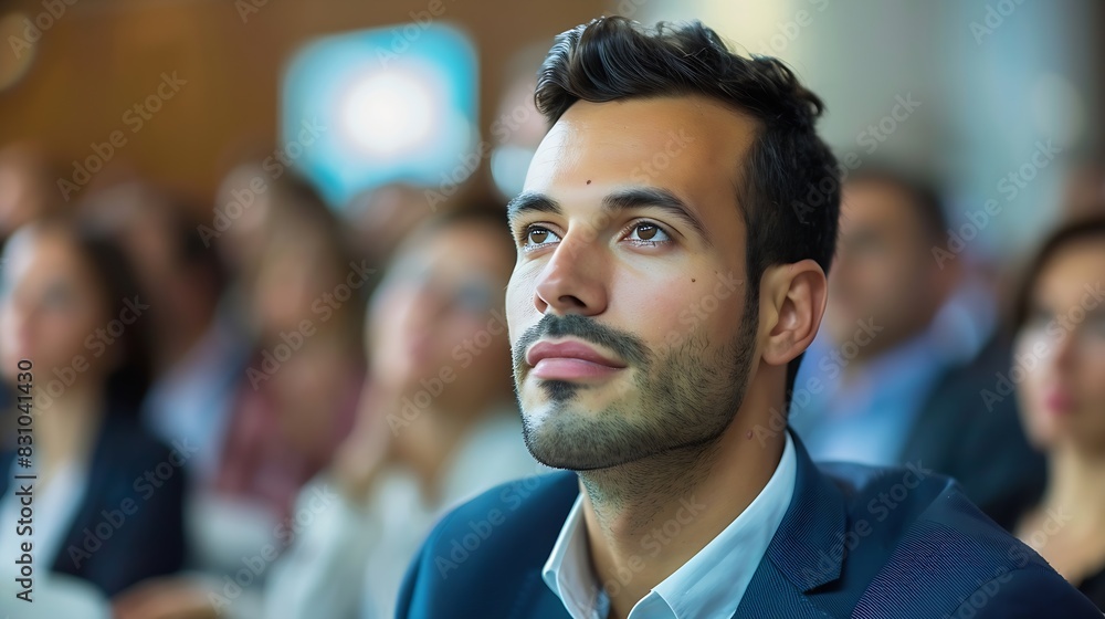 Handsome Man Sitting in a Crowded Audience at a Business Conference Corporate Delegate Watching Inspirational Entrepreneurship Presentation About Developing Markets and Financial Oppor : Generative AI