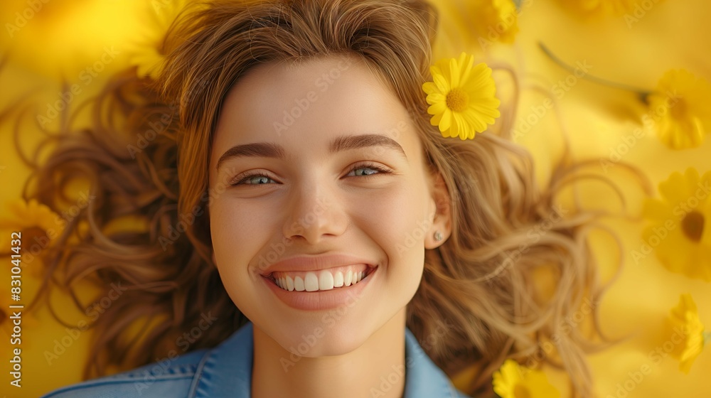 Portrait of happy woman with yellow flowers on the background, yellow color palette, vibrant colors Portrait of happy woman with yellow flowers on the background, yellow color palette, vibrant colors