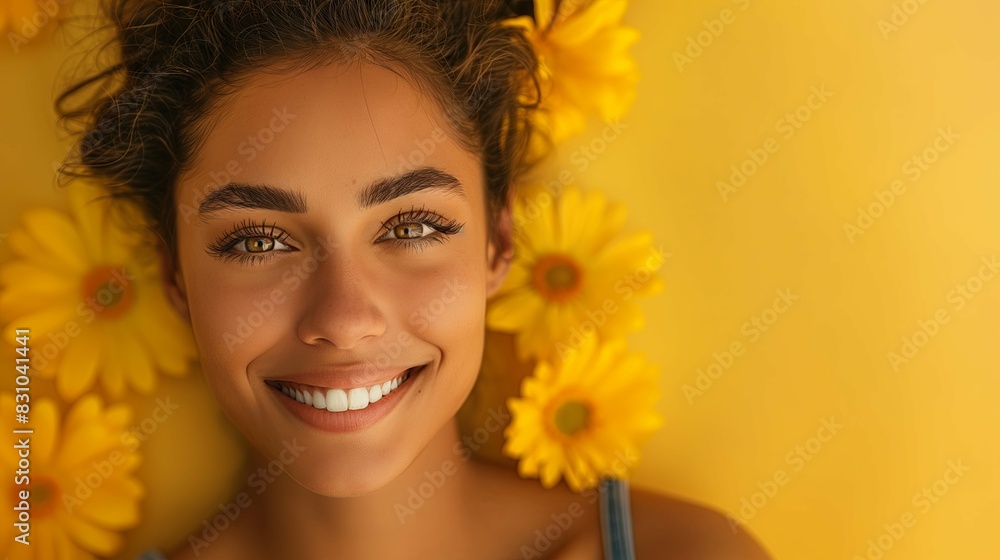 Portrait of happy woman with yellow flowers on the background, yellow color palette, vibrant colors Portrait of happy woman with yellow flowers on the background, yellow color palette, vibrant colors