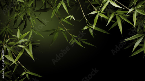 A close up of green bamboo leaves. The leaves are very thin and long. The image is of a dark background