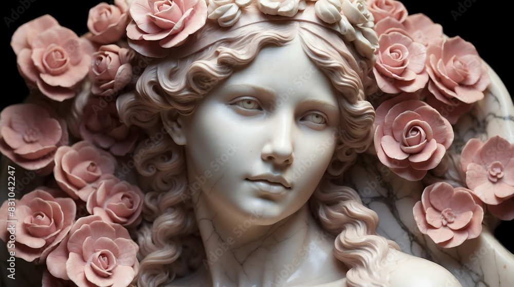 pink flowers crown wreath of beautiful woman marble sculpture statue art pink flowers crown wreath of beautiful woman marble sculpture statue art