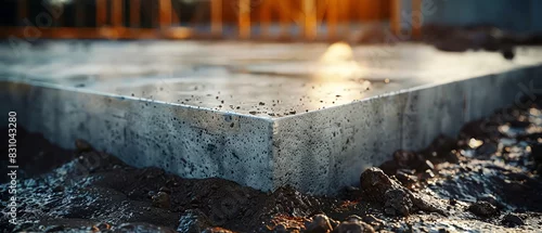 Panel kuchenny z motywem A close-up view of a concrete foundation slab at a construction site, showcasing new building progress and structural development at sunset.