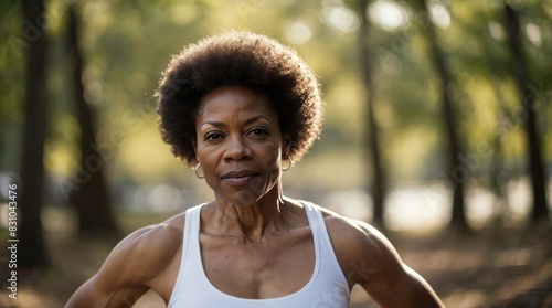 Outdoor Fitness Confident Black Woman in Her 40s, White Shirt, Direct Gaze photo