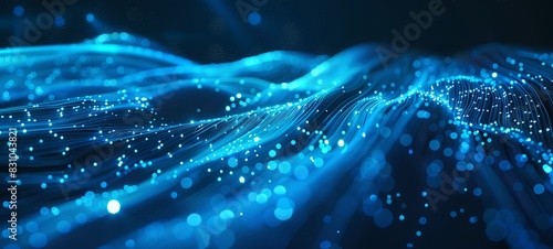 Abstract blue glowing fiber optic lines. Bright beam of light for fast data transfer and high-speed Internet connection. Internet of things, animation of futuristic technologies.  photo