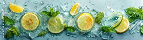 Fresh lemon and lime slices with mint leaves on ice, creating a refreshing and vibrant summer drink background.