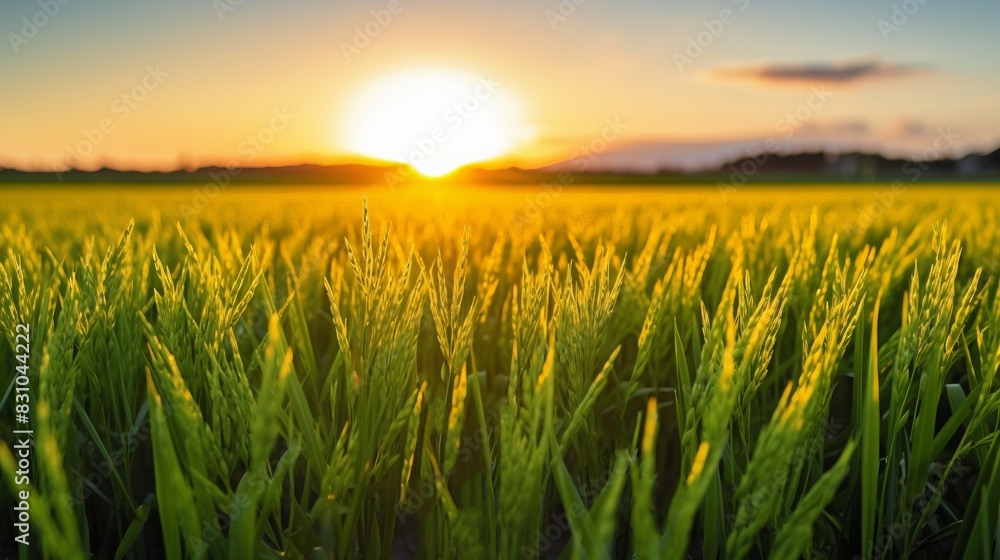 A beautiful sunset over a lush, green field of crops. The scene is serene and peaceful with the vibrant colors of nature. A beautiful sunset over a lush, green field of crops. The scene is serene and peaceful with the vibrant colors of nature.