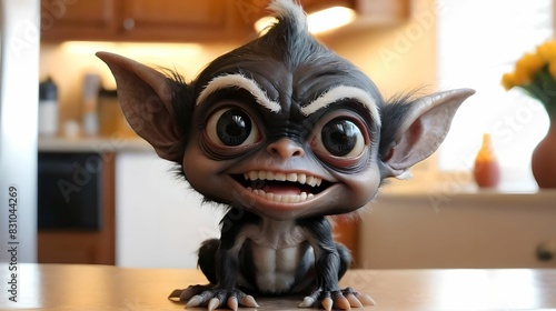 A cute and detailed gremlin sits on the kitchen table. He has big eyes and a toothy grin. The Gremlin is black and white and looks like it's made of fur.