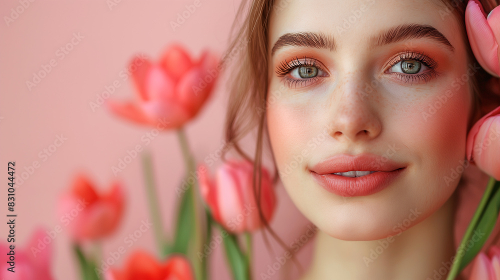 Beautiful Girl With Flowers.Beauty Model Woman Face. Perfect Skin. Professional Make-up.Makeup. Fashion Art Beautiful Girl With Flowers.Beauty Model Woman Face. Perfect Skin. Professional Make-up.Makeup. Fashion Art