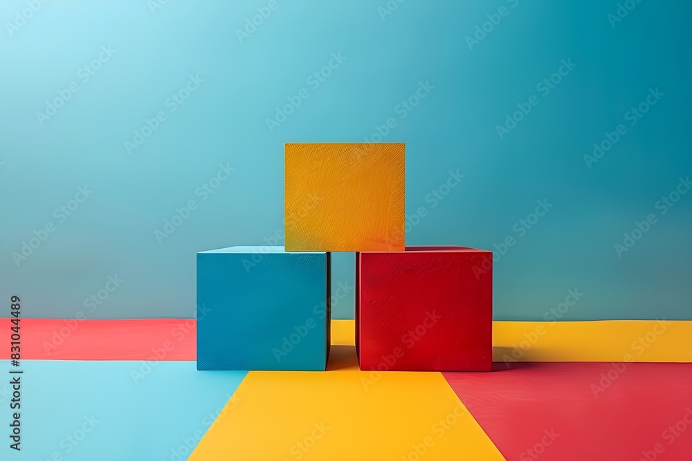 Obraz premium Three cubes of different colors are stacked on top of each other. The cubes are blue, red, and yellow. The image has a playful and colorful mood