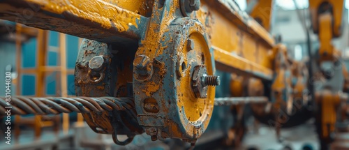 Close-up of an old, yellow rusty industrial machine part with cables and pulleys in a workshop setting.