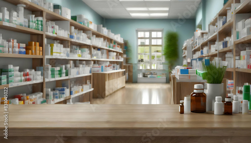 pharmacist in pharmacy.Pharmacy interior with a wooden table counter, shelves arranged with medicines and healthcare products, blurred defocused background