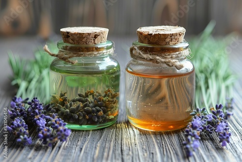 Illustration of lavender oil and lavender flowers with oil jar, high quality, high resolution