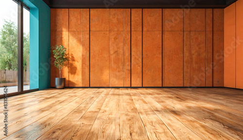 light blue empty modren wall and wooden brown floor with interesting with glare from the window. Interior background for the presentation.For displaying product.High quality photos