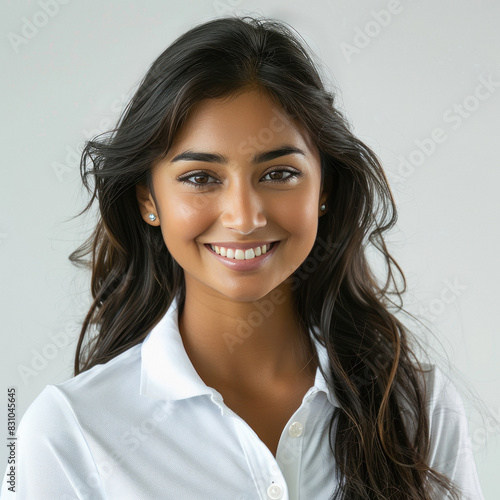 young indian woman smiling on white background