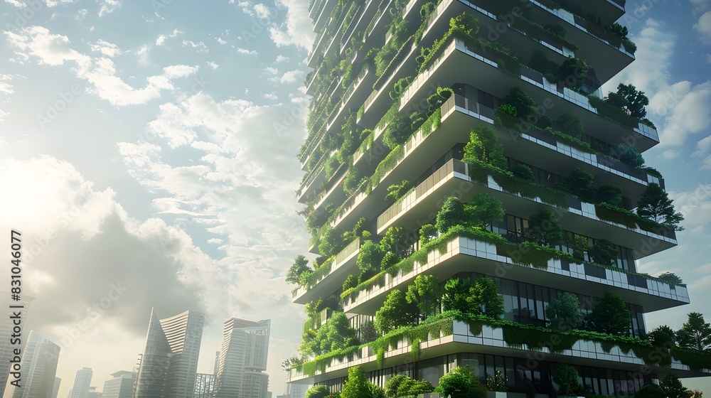 Obraz premium Urban Sustainability: High-rise Building Integrates Vertical Farming and Lush Green Balconies