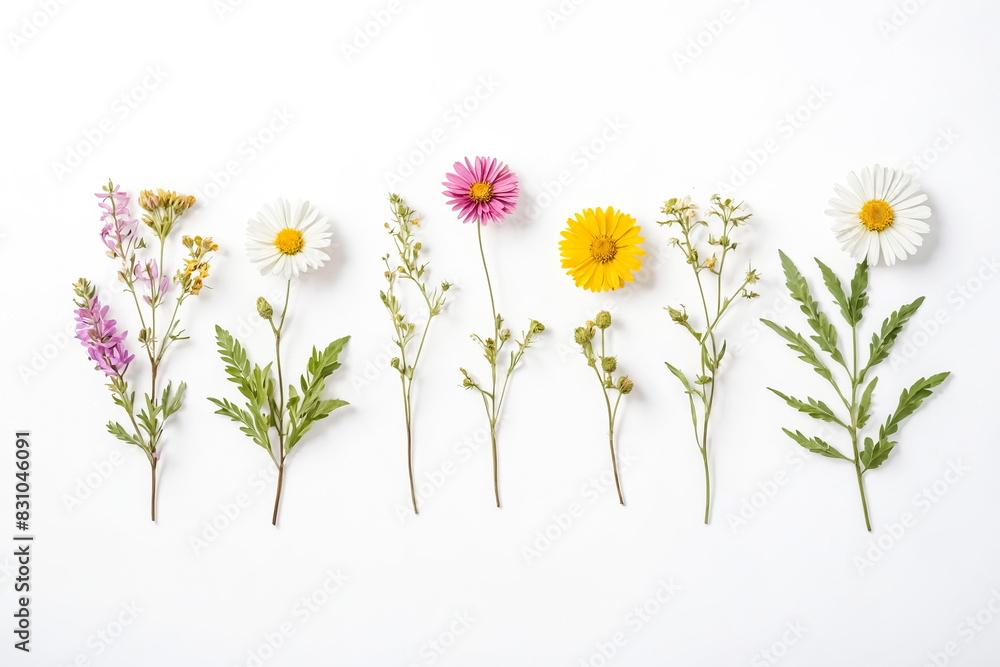 Fototapeta premium Floral arrangement with pink, white and yellow flowers on white background