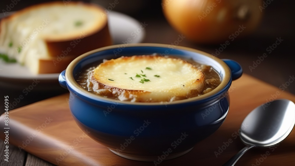 A rich bowl of French onion soup with a thick layer of melted cheese, served in a blue bowl. The bowl rests on a wooden surface with a spoon beside it A rich bowl of French onion soup with a thick layer of melted cheese, served in a blue bowl. The bowl rests on a wooden surface with a spoon beside it
