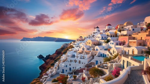 The iconic view of the white Cycladic houses of Santorini cascading down towards the Aegean Sea during a stunning sunset photo