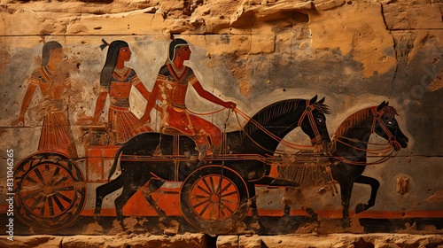 A well-preserved ancient Egyptian wall painting depicting a chariot with horses and occupants photo