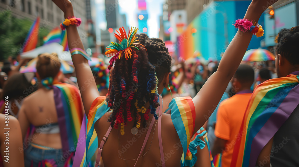 Friends Enjoying LGBTQ Pride Parade with Colorful Umbrellas Friends Enjoying LGBTQ Pride Parade with Colorful Umbrellas