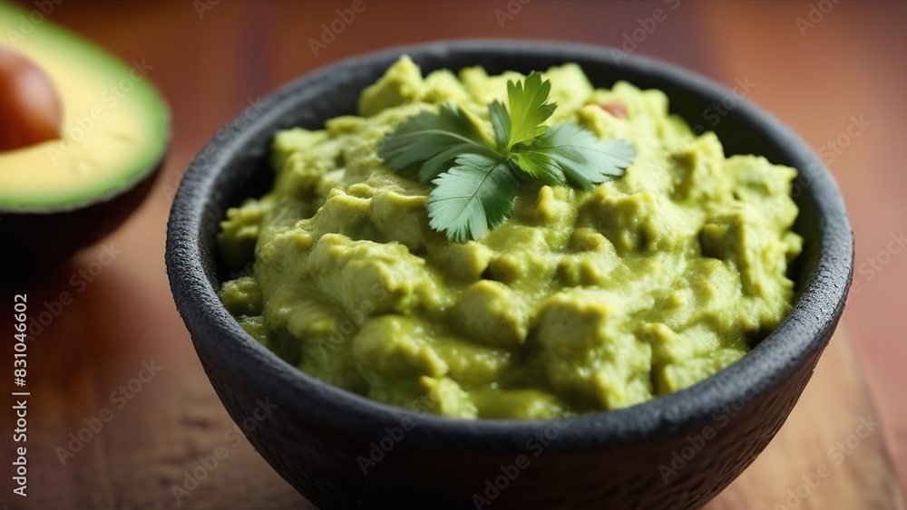 Avocado Guacamole. Detail shot of black bowl guacamole. vegan food concept Avocado Guacamole. Detail shot of black bowl guacamole. vegan food concept