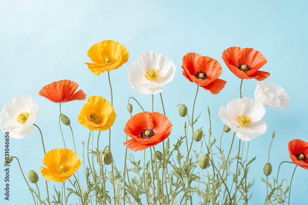Fototapeta premium Colorful Poppy Flowers on a Blue Background