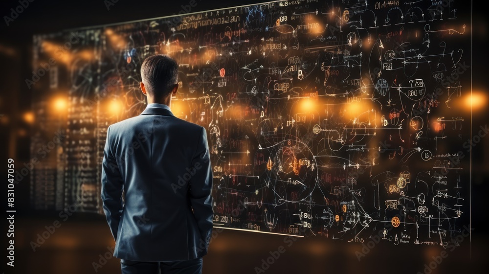 A man in a suit stands before a large screen filled with intricate analytical data and graphs A man in a suit stands before a large screen filled with intricate analytical data and graphs
