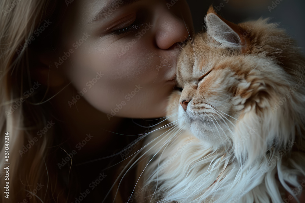 affectionate moment of young woman gently kissing her fluffy persian cat in a soft, intimate indoor setting affectionate moment of young woman gently kissing her fluffy persian cat in a soft, intimate indoor setting