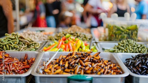 Innovative Street Food Market Stall Showcasing Sustainable Insect-Based Delicacies © pkproject